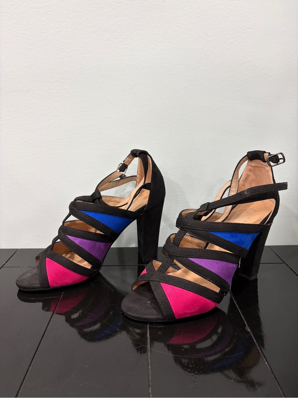 Black Strappy High Heel Sandals with Pink, Purple & Blue Panels